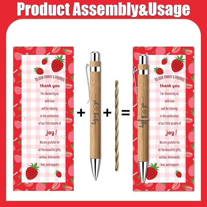 30 Pcs Baby Shower Gifts, Baby Shower Favors for 30 Guest Set Included Bamboo Pens Greeting Thank You Cards, Gender Reveal Souvenirs Prizes, Strawberry Gender Reveal Decor