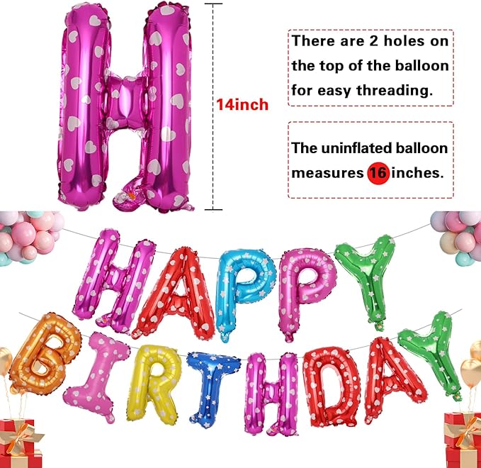 Accevo Colorful Happy Birthday Banner 16 inch Aluminum Foil Letters Balloons Heart Pattern Happy Birthday Balloon for Kids, Child, Adults, Boys & Girls Happy Birthday Sign Birthday Party Decorations