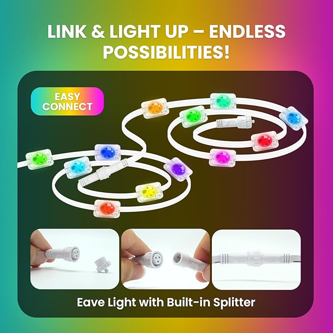 Permanent Outdoor Lights for House, 100 FT RGBIC all year house lights outdoor with Splitter & Bluetooth Remote, DIY via App for Music Sync, IP67 Waterproof Expandable LED Lights for Eaves, Lanai.