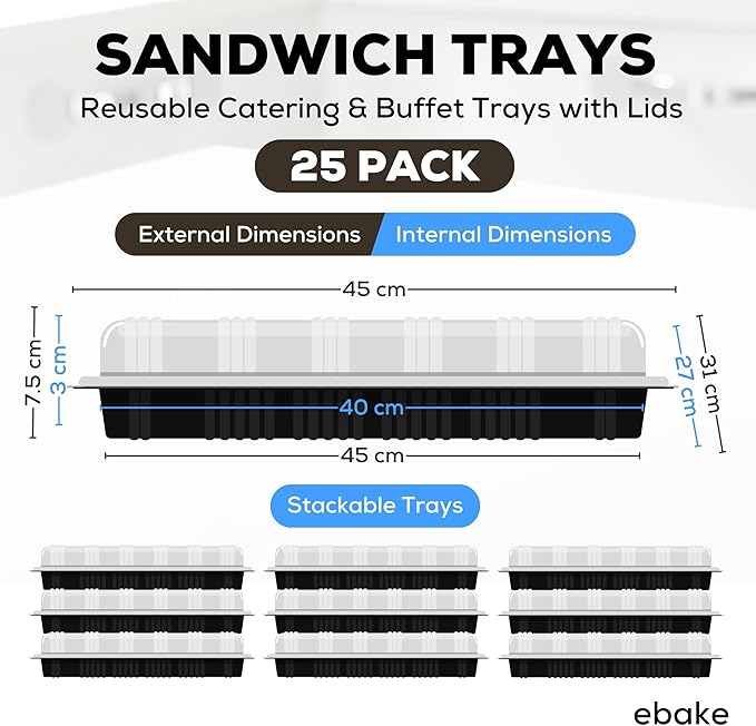 25 Pack Catering Trays with Lids – 17" Serving Tray with Lid, Heavy Duty Recyclable Plastic Party Platters for Catering, Buffet, Picnics & Events – Food Tray with Clear Lid (17.72 x 12.20 x 2.95 inch)