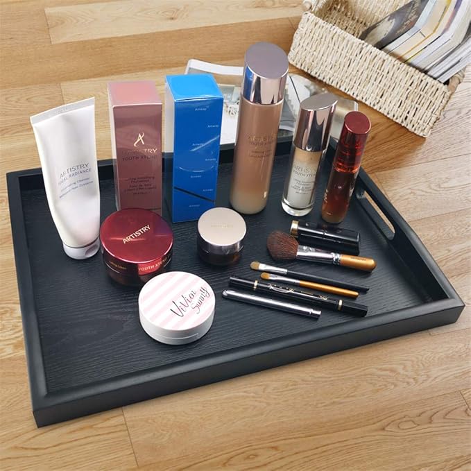 DILLMAN Serving Tray Large Black Wood Rectangle Food Tray Butler Tray Breakfast Tray with Handles (Medium)