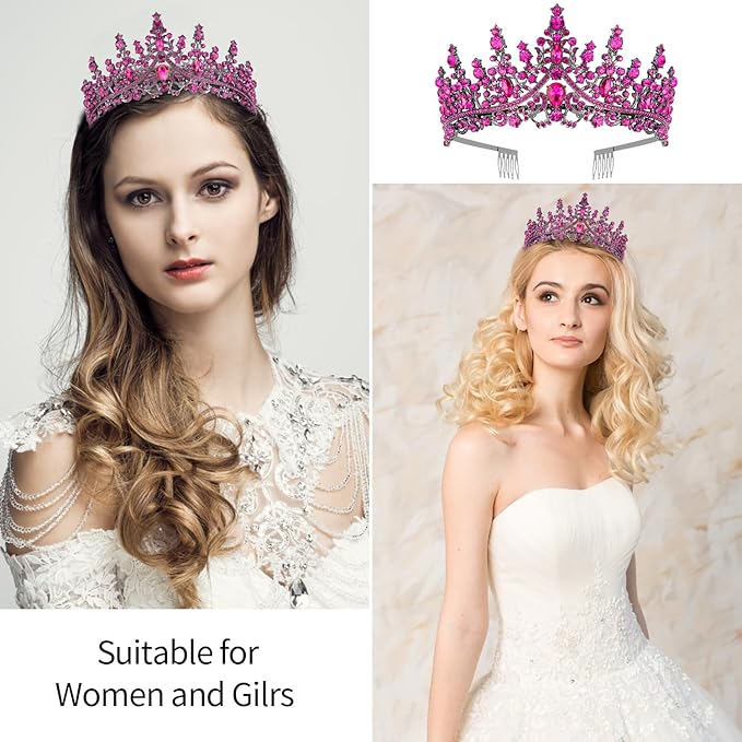 VELSCRUN Rose Pink Crystal Birthday Queen Tiara Crown for Women Girls Birthday Queen Headband Sash Elegant Princess Crown with Combs Mom Birth Hair Accessories Happy Birth Party Decorations