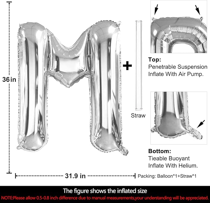 Lovoir 40 Inch Large Silver Letter M Balloons Big Size Jumbo Mylar Foil Helium Balloon for Birthday Party Celebration Decorations Alphabet Silver M