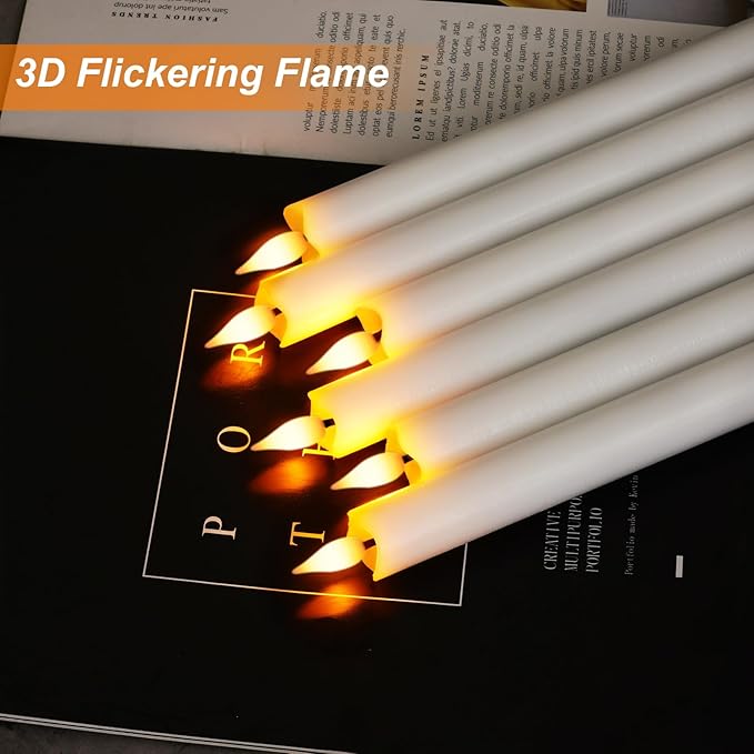 Homemory 12 Pcs Waxy Flameless Taper Candles with Remote, Flickering Battery Operated, LED Flameless Candlesticks, Classic Tall Taper Candles for Home, Wedding, Party, White, 9.6 inches