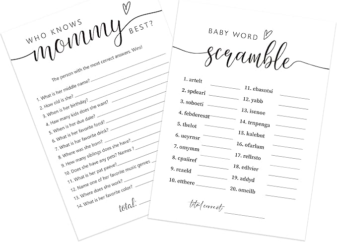 UHADRE Baby Shower Games - Word Scramble & Mommy Best Cards - Set of 30, Minimalist Double Sided Cards, Gender Reveal Game, Shower Activity Ideas-BBYX10