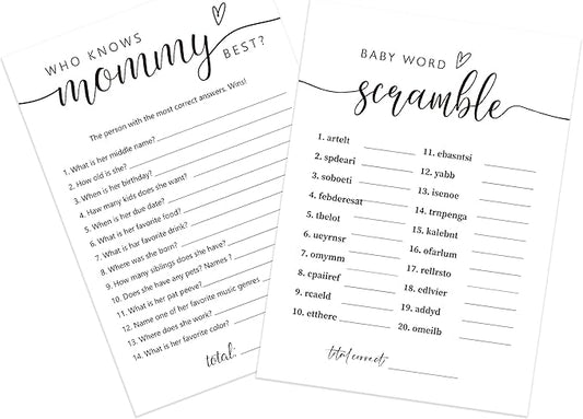 UHADRE Baby Shower Games - Word Scramble & Mommy Best Cards - Set of 30, Minimalist Double Sided Cards, Gender Reveal Game, Shower Activity Ideas-BBYX10