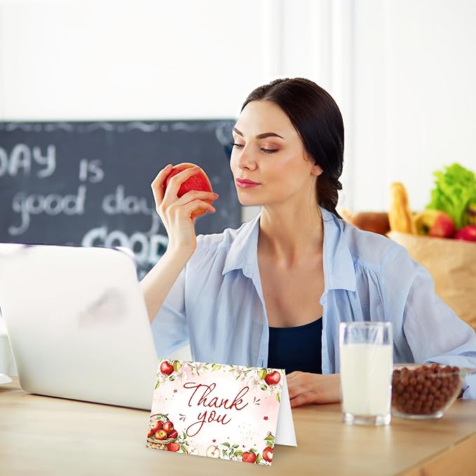 Whaline 24 Pack Apples Floral Thank You Card Greeting Cards with Envelopes Stickers Apples Flower Blank Note Cards for Birthday Baby Shower Party Supplies