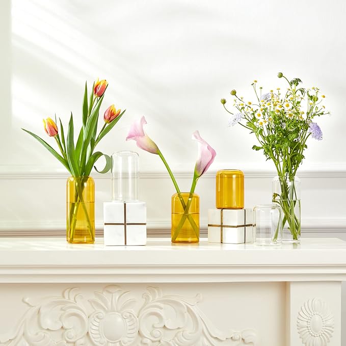 ZENS Glass Bud Vase Set of 3, Hand Blown Small Amber Bud Vases for Flower Decorative, Modern Cylinder Clear Glass Vase for Wedding,Living Room Home Décor