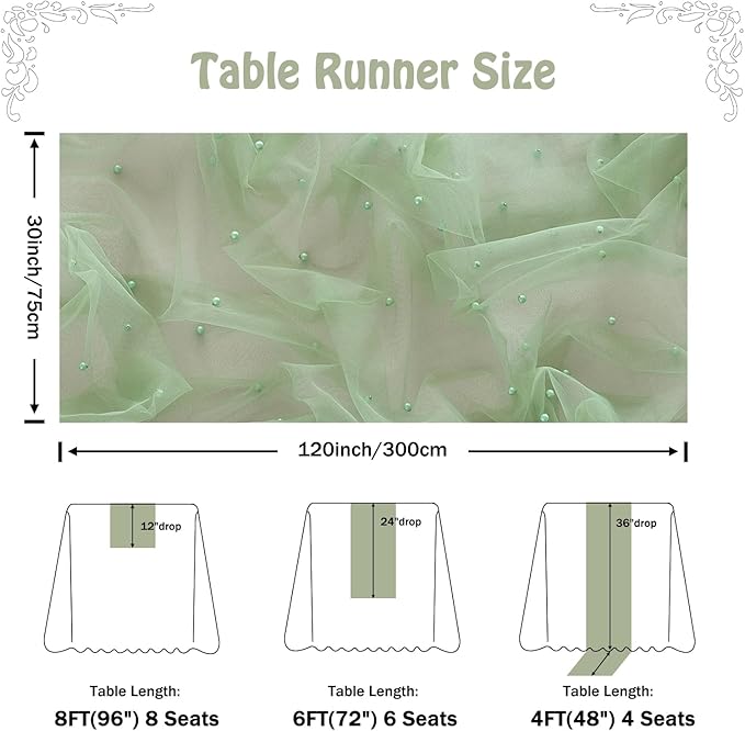 Fanami 3 Pack Pearl Table Runner -10FT Sage Green Boho Tulle Table Runners 120 Inches Long Rustic Sheer Lace Fabric Centerpieces for Wedding Arch Birthday Party Bridal Veil Baby Shower Decorations