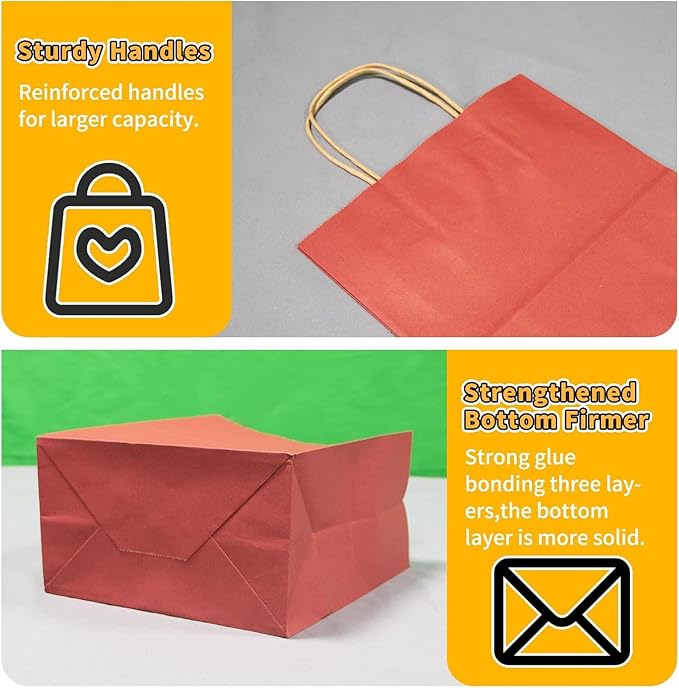 FACEBAG 100-Pack Red Paper Bags with Handles Bulk,8x4.25x10.5 Inch Gift Bags, Red Kraft Paper Bags, Applicable to Retail, Party, Shopping, Festival，Reusable & Durable