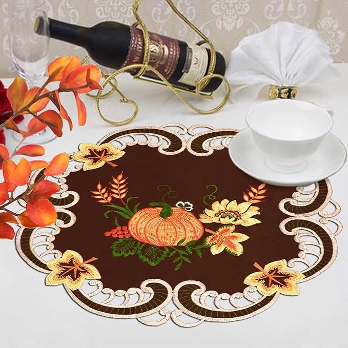Simhomsen Embroidered Thanksgiving Harvest Pumpkins Brown Round Doily Placemats for Autumn or Fall Decorations (15 Inch Round Doily Set of 4)