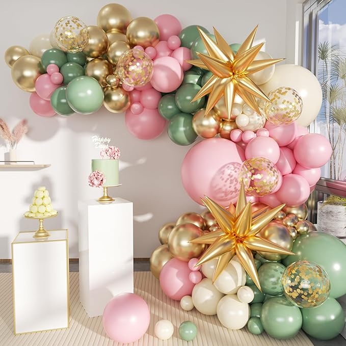 Sage Green Pink and Gold Balloon Arch Kit, 156Pcs Blush Pastel Pink and Green Garland with White Sand Metalic Gold 4D Star Balloons for Boho Girls Woodland Baby Shower Wedding Birthday