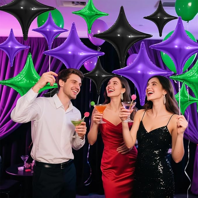 Black Green Purple Star Balloons,12Pcs Four Angle Star Foil Balloons,26Inch and 10Inch Black Green Quadrangle Helium Balloon for Halloween Birthday Baby Shower Anniversary Party Decorations