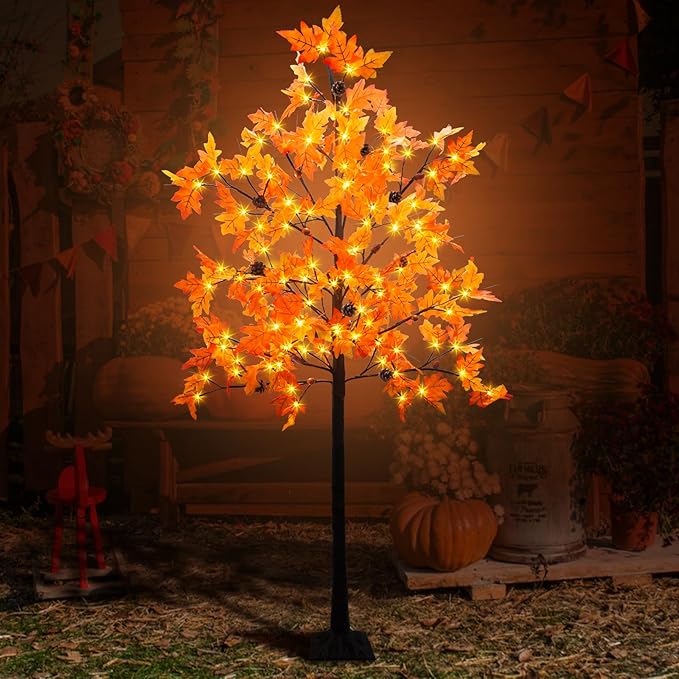 6FT Prelit Fall Maple Tree Decor, 128 LEDs with 8 Acorns 8 Pine Cones & Timer 8 Flashing Modes Artificial Maple Tree Thanksgiving Decor for Fall Home Autumn Halloween Harvest Indoor Outdoor