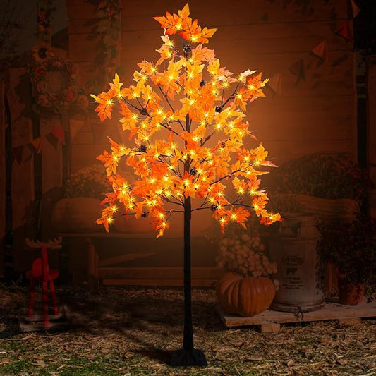 6FT Prelit Fall Maple Tree Decor, 128 LEDs with 8 Acorns 8 Pine Cones & Timer 8 Flashing Modes Artificial Maple Tree Thanksgiving Decor for Fall Home Autumn Halloween Harvest Indoor Outdoor