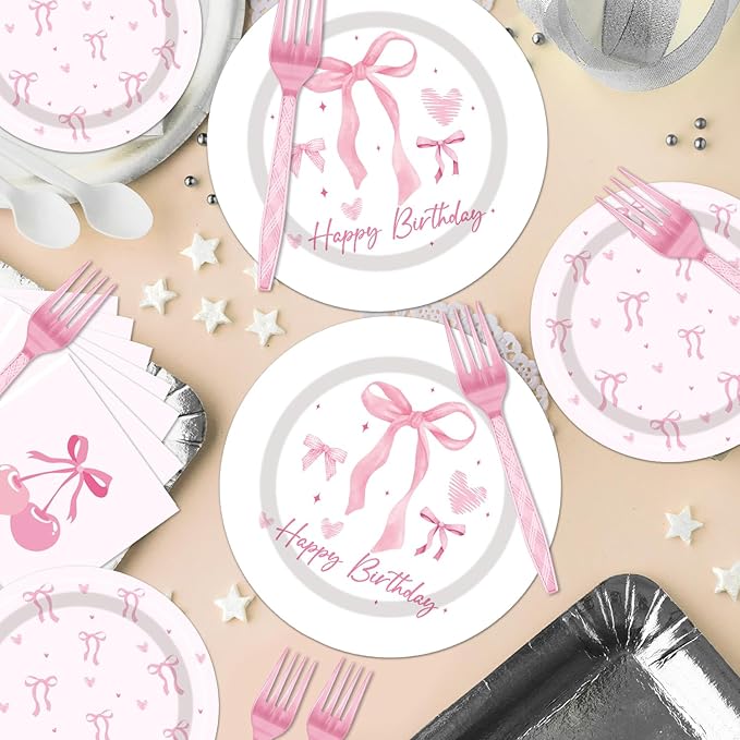 96PCS Pink Bow Plates and Napkins Party Supplies Coquete Birthday Decorations Pink Bow Party Decorations Disposable Bow Themed Tableware Set for Girl Women Serve 24 Guests