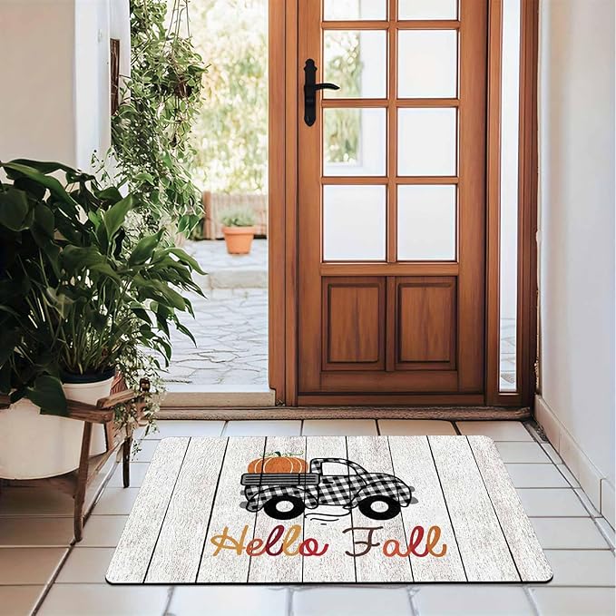 Fall Door Mat Fall Welcome Mat for Front Door, Autumn Pumpkins with Truck Black and White Buffalo Plaid Seasonal Non Slip Doormat for Entrance Entryway Outside