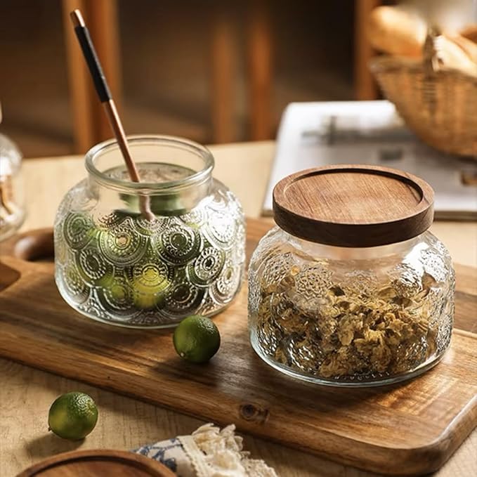 ANSQU Vintage Glass Jar with Solid Wood Lid, 25.4 FL OZ Snowflake Pattern Food Storage Jar, Home Kitchen Decorative Storage Cabinet, Oatmeal, Jam, Coffee, Candy, Cookie Jar, Pet Food Jar (Snowflake)