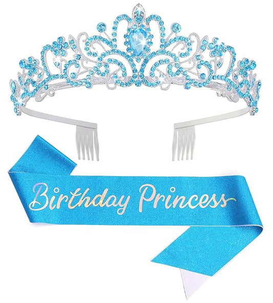 Birthday Tiara and Crown with Sash for Women, Hair Accessories for Wedding Party Costume (C- Blue)