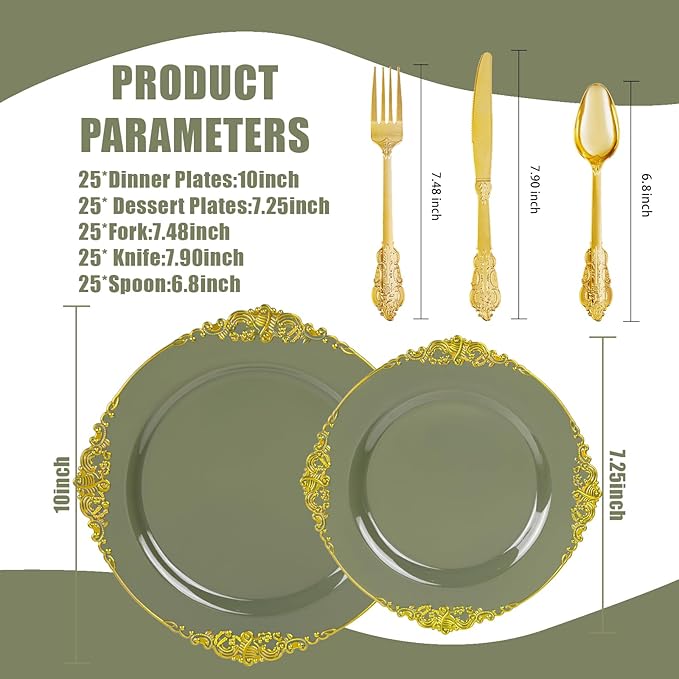 125PCS Olive Green Plastic Plates - Green and Gold Disposable Plates - Vintage Plate with Gold Plastic Silverware Sets for 25 Guests for Christmas & Party
