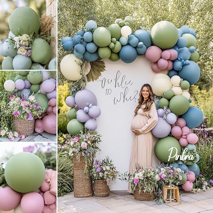 Blue Green Pink Balloon Garland Double Stuffed Sage Green Dusty Blue Pink Purple Lavender Balloons Pastel Balloon Arch Kit for Birthday Baby Shower Gender Reveal Fairy Tea Party Decorations