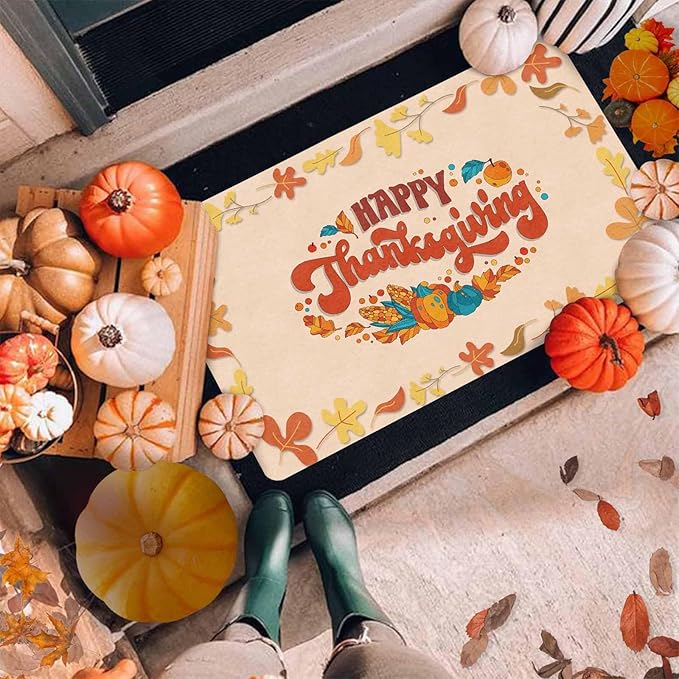 Happy-Thanksgiving Door Mat Fall Welcome Mat for Front Door, Autumn Harvest Seasonal Non Slip Doormat for Entrance Entryway Outside, 24"x16"inch