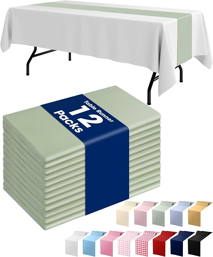 Pureegg Sage Green Plastic Table Runners - 12 Pack, 14'' x 108'', Water Resistant & Disposable Centerpiece Decorations for Table Cloth, Wedding, Birthday, Holiday, Baby Shower, Party, Home Decor