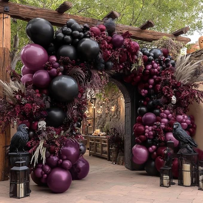 Dark Purple Black Balloons Garland Double Stuffed Black Burgundy Plum Balloon Arch Kit for Birthday Spooky Halloween Wednesday Vampire Gothic Dark Party Decorations