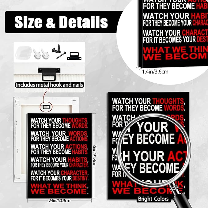 Watch Your Thoughts Motivational Wall Decor, Inspirational Wall Art for Office & Home, Positive Quotes Canvas Prints Ready to Hang, Modern Office Wall Art for Living Room or Bedroom Decor