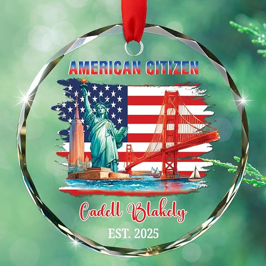 Personalized American Landmarks Xmas Ornament Gift for Citizenship Celebration, New US Citizen Glass Christmas Ornament 2025, Custom Year & Name American Citizen Xmas Ornament Gift for Family Friends
