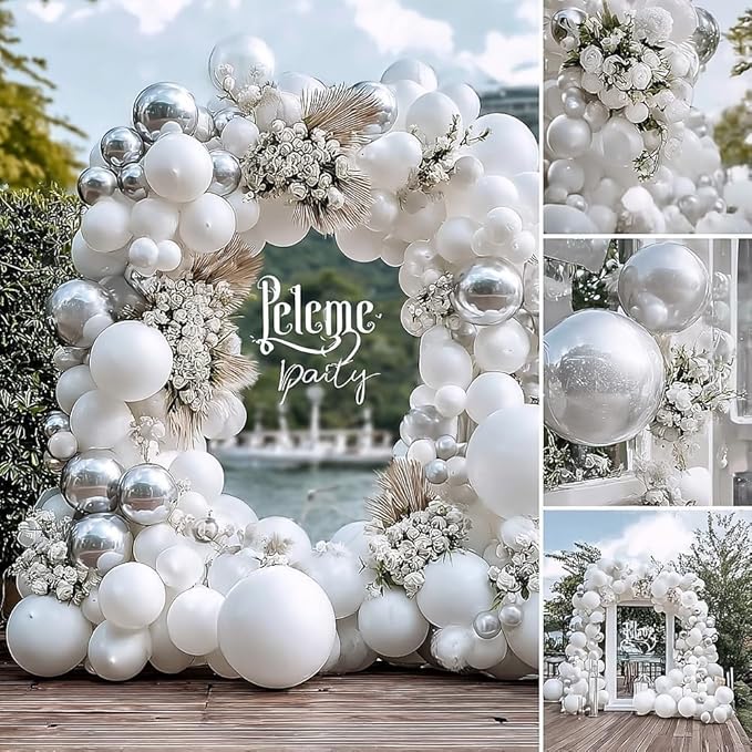 White Silver Balloon Garland Double Stuffed Clear Bobo White Pearl Balloon Arch Kit with Foil Balloons for Christmas New Year Birthday Wedding Baby Shower Anniversary Party Decorations
