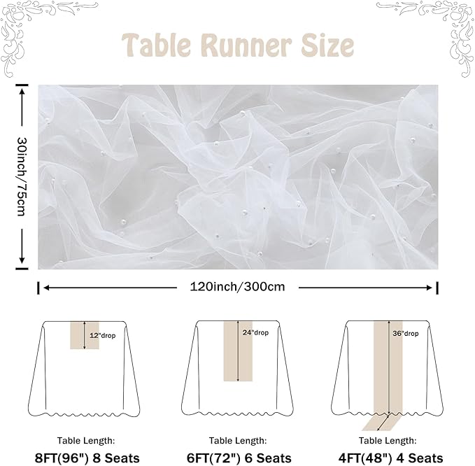 Fanami 6 Pack Pearl Table Runner -10FT Ivory White Boho Tulle Table Runners 120 Inches Long Rustic Sheer Lace Fabric Centerpieces for Wedding Arch Birthday Party Bridal Veil Baby Shower Decorations