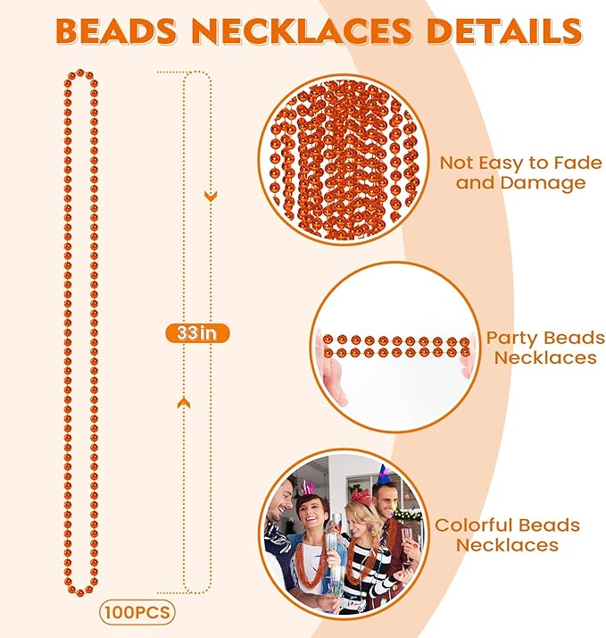 SHAOQINLIN 100 PCS Orange Bead Necklace, Orange Mardi Gras Beads, Halloween Necklaces, 33 Inch Party Beads Round Beaded Necklace for Mardi Gras, Christmas, Halloween