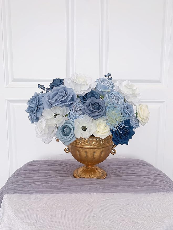 Roses Artificial Flowers Blue Bouquet Box Set Fake Flower for DIY Bridal Wedding Shower Centerpieces for Party Table Decorations Silk Floral Arrangements for Home Decor Indoor