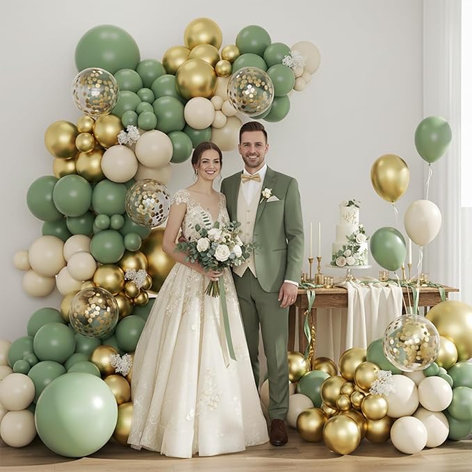Sage Green and Gold Balloon Arch Kit, 134pcs Dusty White Metallic Gold Confetti Balloons Garland Kits for Birthday Wedding Baby Shower Bridal Party Anniversary Decorations
