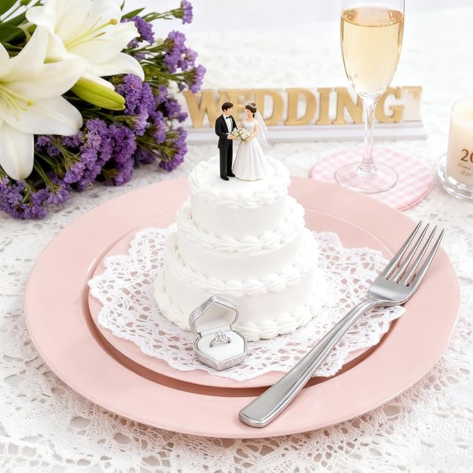 MENDENG 50PCS Pink Plastic Plates for Party, 25x10.25 Dinner Plates & 25x7.5 Dessert Plates, Heavy Duty Disposable Plastic Plates for Wedding Party Birthday Mother's Day