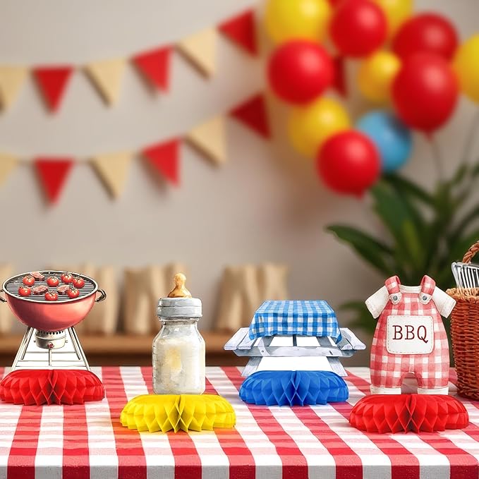 BabyQ Baby Shower Centerpieces – 12 PCS BBQ Honeycomb Table Decorations, Backyard Picnic Summer Baby Shower Décor