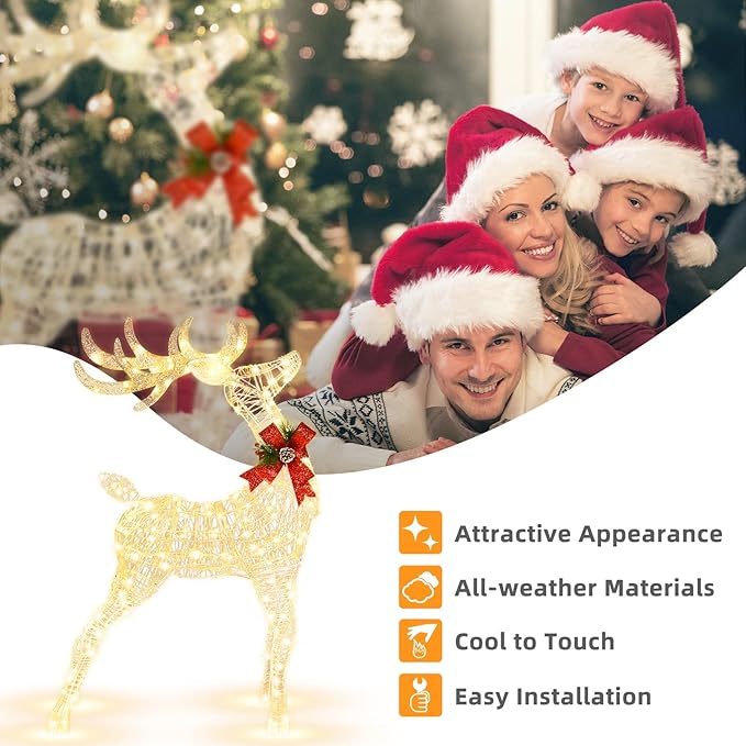 Tangkula 4.4 FT Christmas Lighted Reindeer, Outdoor Yard Christmas Decorations with 120 LED Lights, Artificial Xmas Décor with Stakes and Zip Ties, Indoor/Outdoor Festive Holiday Decoration
