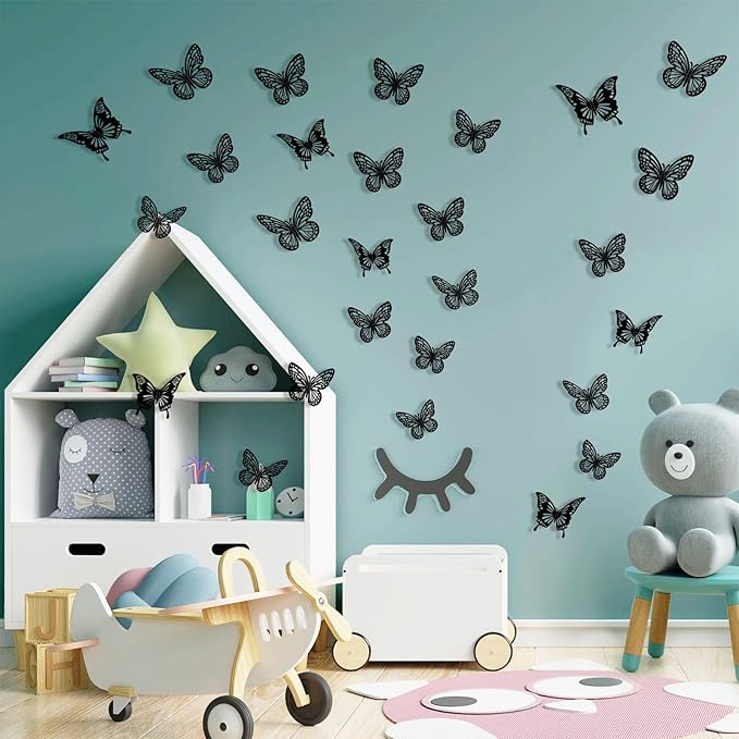 Halloween Black Butterfly Decorations Wall Decor,48Pcs 2 Styles 3 Sizes Butterflies Stickers for Cake Cupcake Toppers, 3D Paper Butterfly Decals for Birthday Goth Party Bathroom