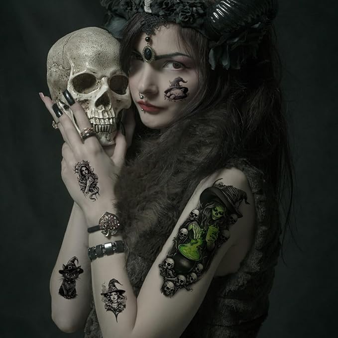 77 Sheets Witch Temporary Tattoos Women Men Adults, Skeleton Death Skull Pointed Black Hats Brooms Cauldrons Black Cats Half Arm Halloween Fake Tattoo, Bat Scary Tattoos for Halloween Costume