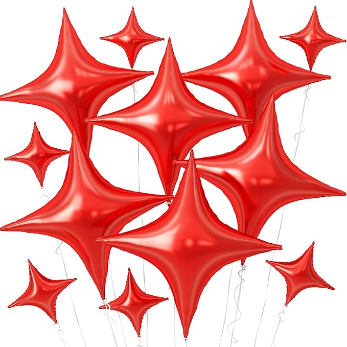 Red Star Balloons,12Pcs Four Angle Star Foil Balloons,26Inch and 10Inch Red Quadrangle Helium Balloon for Birthday New Year Christmas Anniversary Baby Shower Wedding Party Decorations