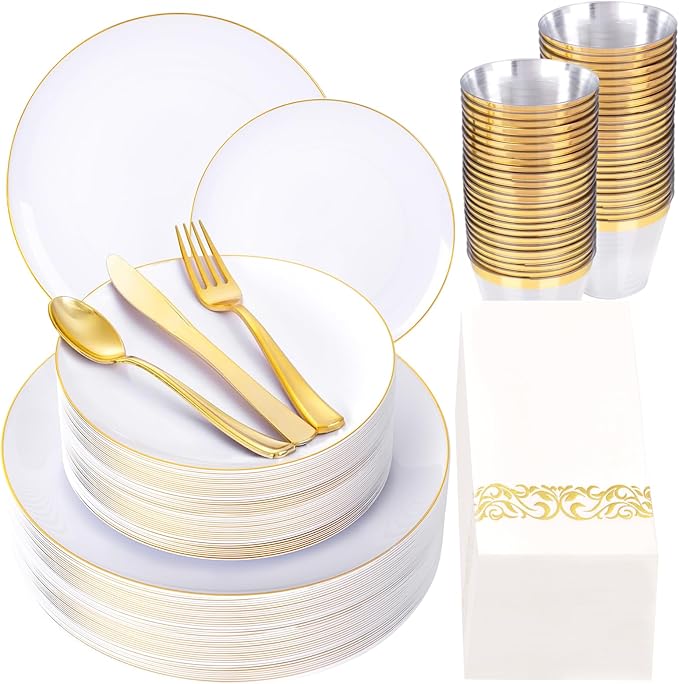 YOUBET 175PCS Gold Rimmed Plastic Plates - White and Gold Disposable Plates Includes 25 Dinner Plate, 25 Dessert Plate, 75Silverware, 25 Cups, 25 Napkins for Wedding & Party & Thanksgiving