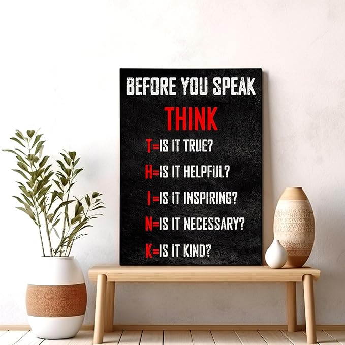 Think Before You Speak Motivational Wall Decor, Inspirational Wall Art for Office & Home, Positive Quotes Canvas Prints Ready to Hang, Uplifting Office Wall Art for Living Room or Bedroom