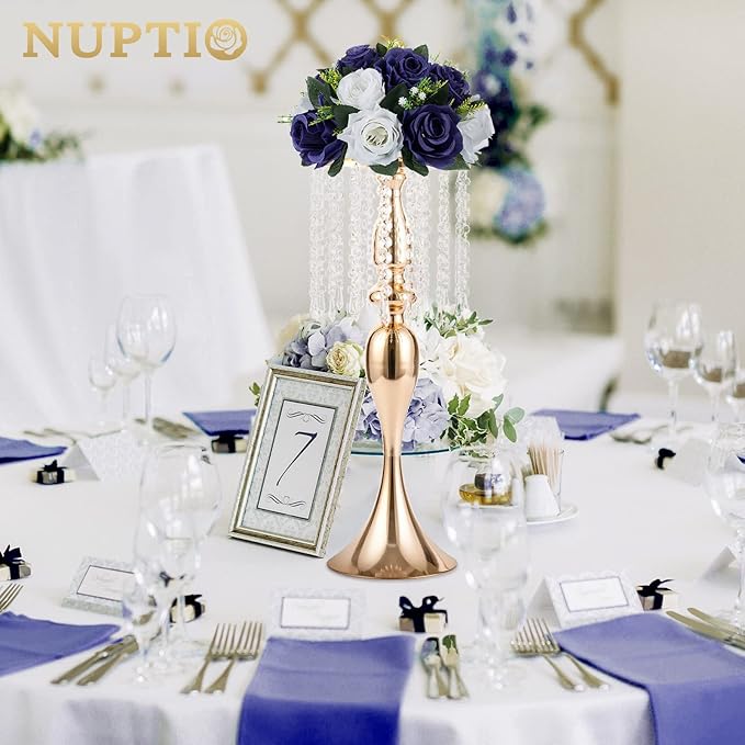 NUPTIO Artificial Flower Centrepieces for Tables - 2 Pcs 9.5in Diameter Navy Blue & White Fake Flowers Roses Balls - Silk Faux Rose Arrangement for Wedding Party Centerpiece Table Decorations
