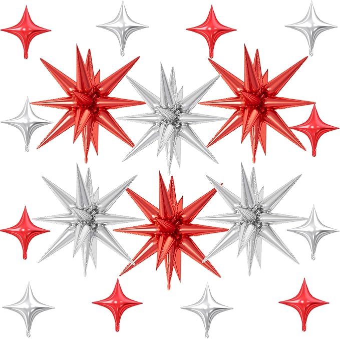 18 Pcs Red Silver Star Balloons, Silver and Red Balloon with 6 Pcs 22-Inch Explosion Star Balloons 12Pcs 10-Inch Four Pointed Stars Foil Balloon for Winter Christmas Birthday Party Decorations