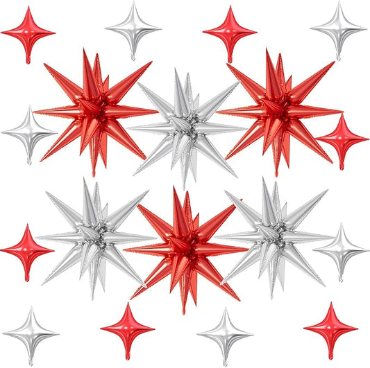 18 Pcs Red Silver Star Balloons, Silver and Red Balloon with 6 Pcs 22-Inch Explosion Star Balloons 12Pcs 10-Inch Four Pointed Stars Foil Balloon for Winter Christmas Birthday Party Decorations