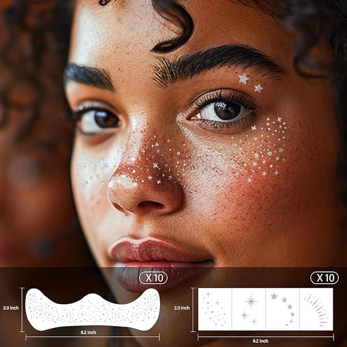 20 Pcs Silver Glitter Freckles Face Tattoos, Silver Glitter Freckles Makeup Patches, Waterproof Sparkle Freckles, Glitter Freckles Temporary Face Tattoos for Women