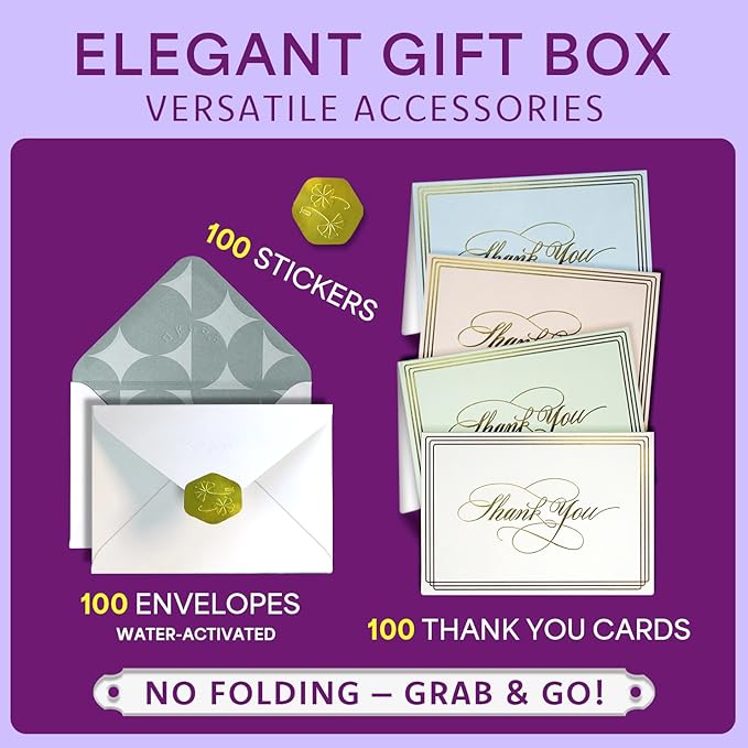 ukee's 100-Pack Luxury Thank You Cards with Envelopes Bulk - Blank Thank You Cards | Dual Gold Foil Calligraphy & Borders, 4 Colors w/Gift Box For Wedding Notes/Small Business/Baby & Bridal Shower, 3.5x5 Inches