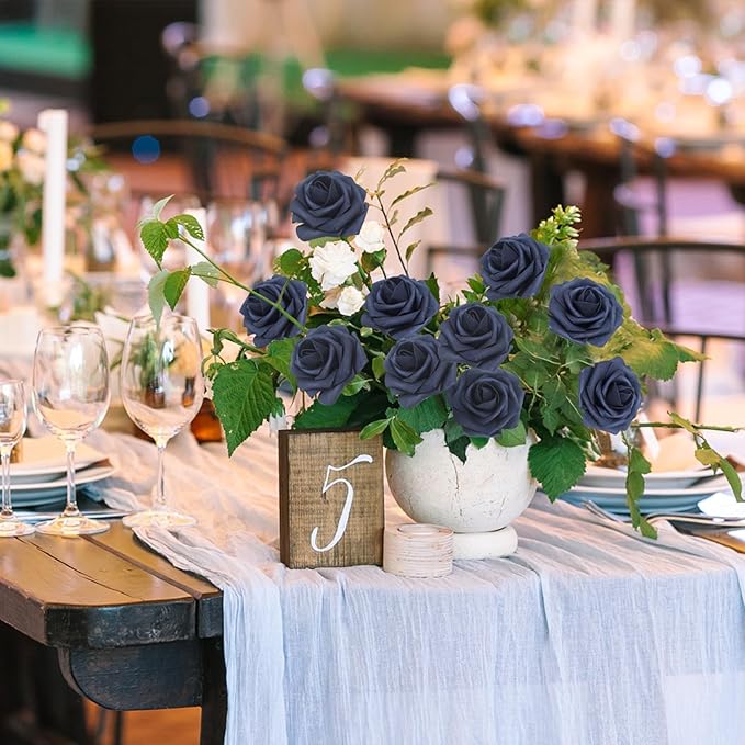 JOYLEX 50Pcs Navy Blue Artificial Flowers Realistic Roses, Real Looking Fake Roses with Stem for DIY Wedding Bouquets Centerpieces Bridal Shower Party Home Romantic Decorations (Navy Blue, 50pcs)