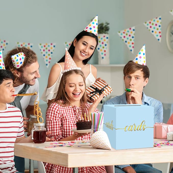 1 Pack Light Blue and Gold Foil Card Box for Party, 8.7" Light Blue Money Box for Birthday, Wedding, Baby Shower, Retirement, Anniversary, Bridal Shower, Raffle Ticket